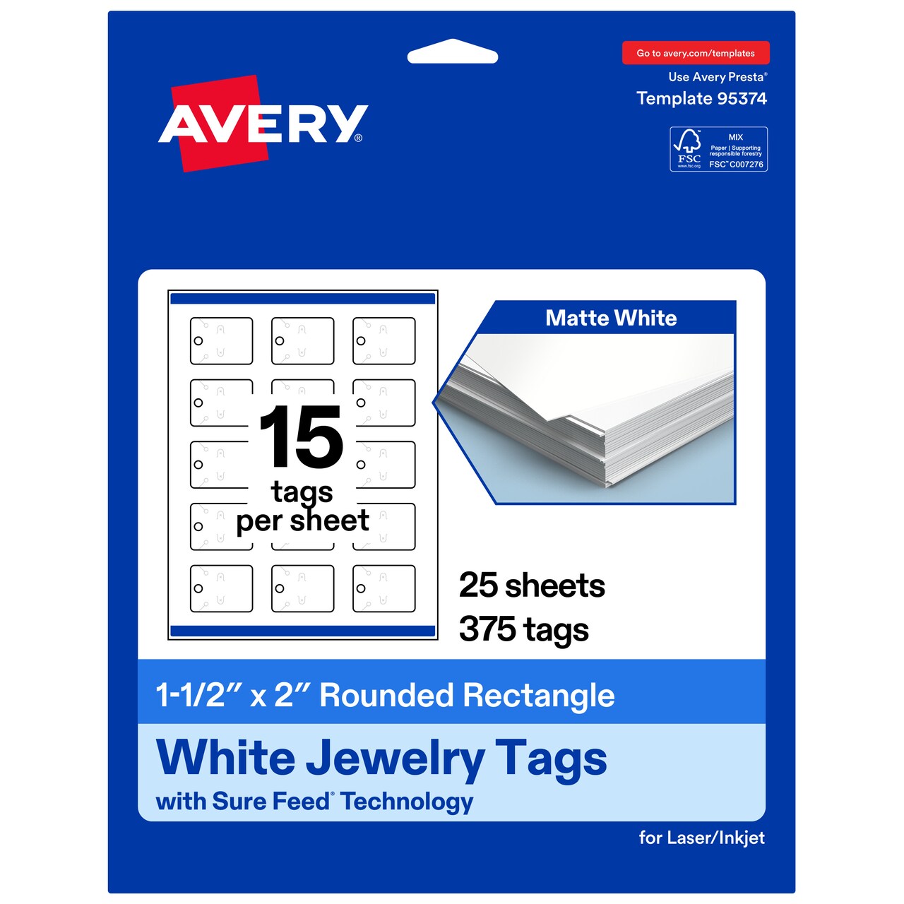 Avery Printable Rounded Rectangle Jewelry Tags, Sure Feed Technology, 1-1/2" x 2", Matte White Cardstock, Print-to-The-Edge, Laser/Inkjet Printable, 150 Total